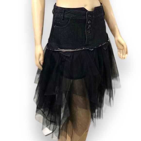 Black Denim Button Up Multi Layer Mesh Midi Skirt - Picture 4 of 4
